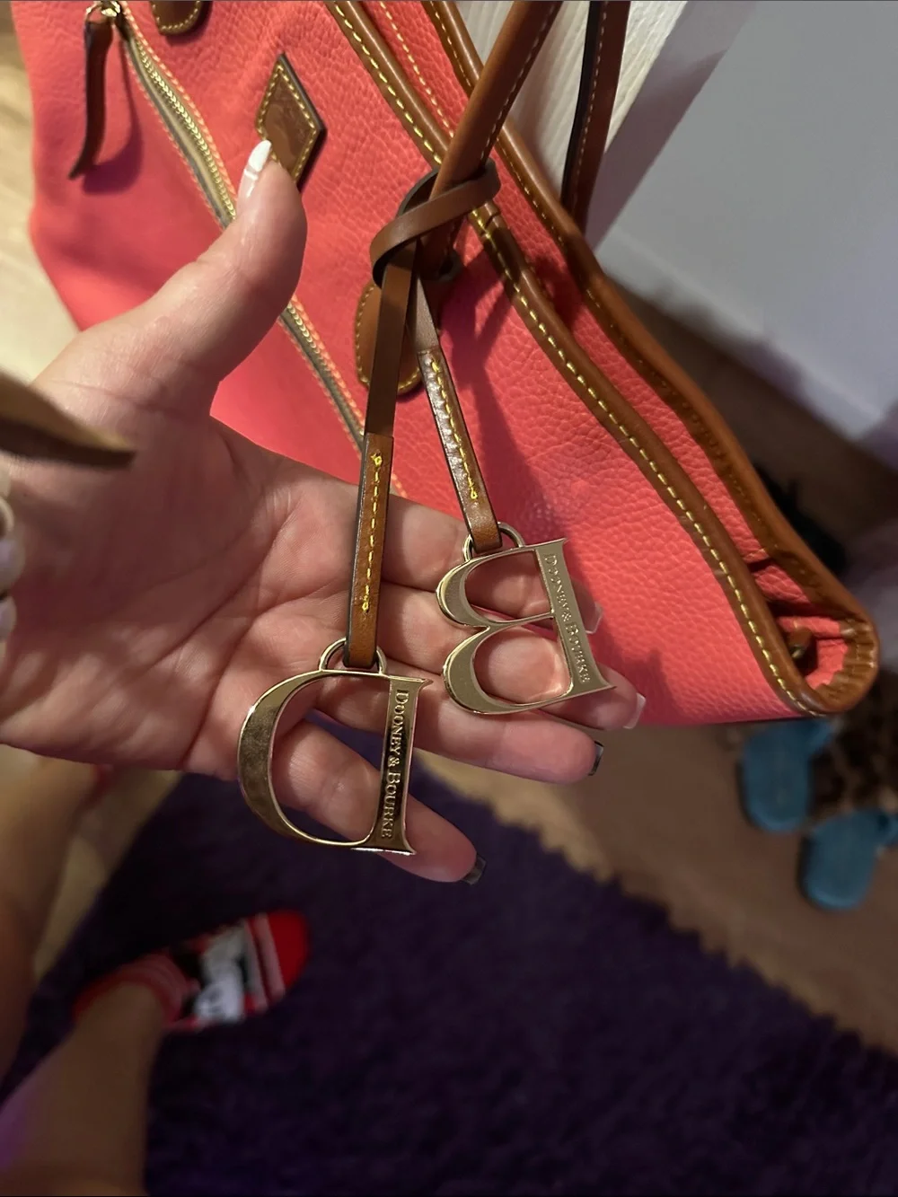 Dooney & Bourke Coral Peach Tote with Brown Trim and Leather Straps